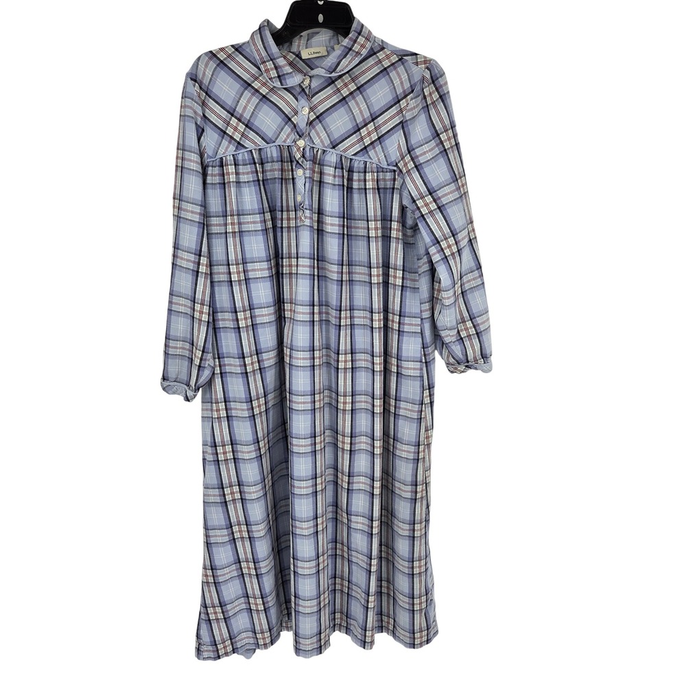 LL Bean Womens Flannel Nightgown Blue Plaid Peter Pan Collar Size M